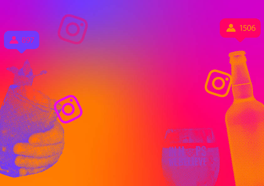 Front cover for a report titled How To Grow Followers On Instagram in the colours of Instagram showing a cocktail and a beer with Instagram logos.